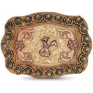 A custom women's belt buckle built on a golden bronze base featuring roses, copper scrolls, flowers and a personalized kid cowgirl figure or logo